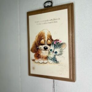 Cute Vintage Wood Wall Plaque with Puppy and Kitten “warm moments with friends…”